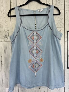 Tribal Jeans Embroidered Lyocell Tank Top Size Large Boho Chambray Vacation